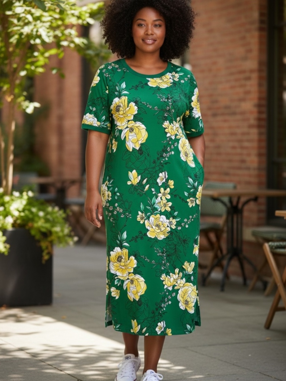 GILI Green & Yellow Floral Stretch Poly Knit Short Sleeve Maxi Dress Size XLP